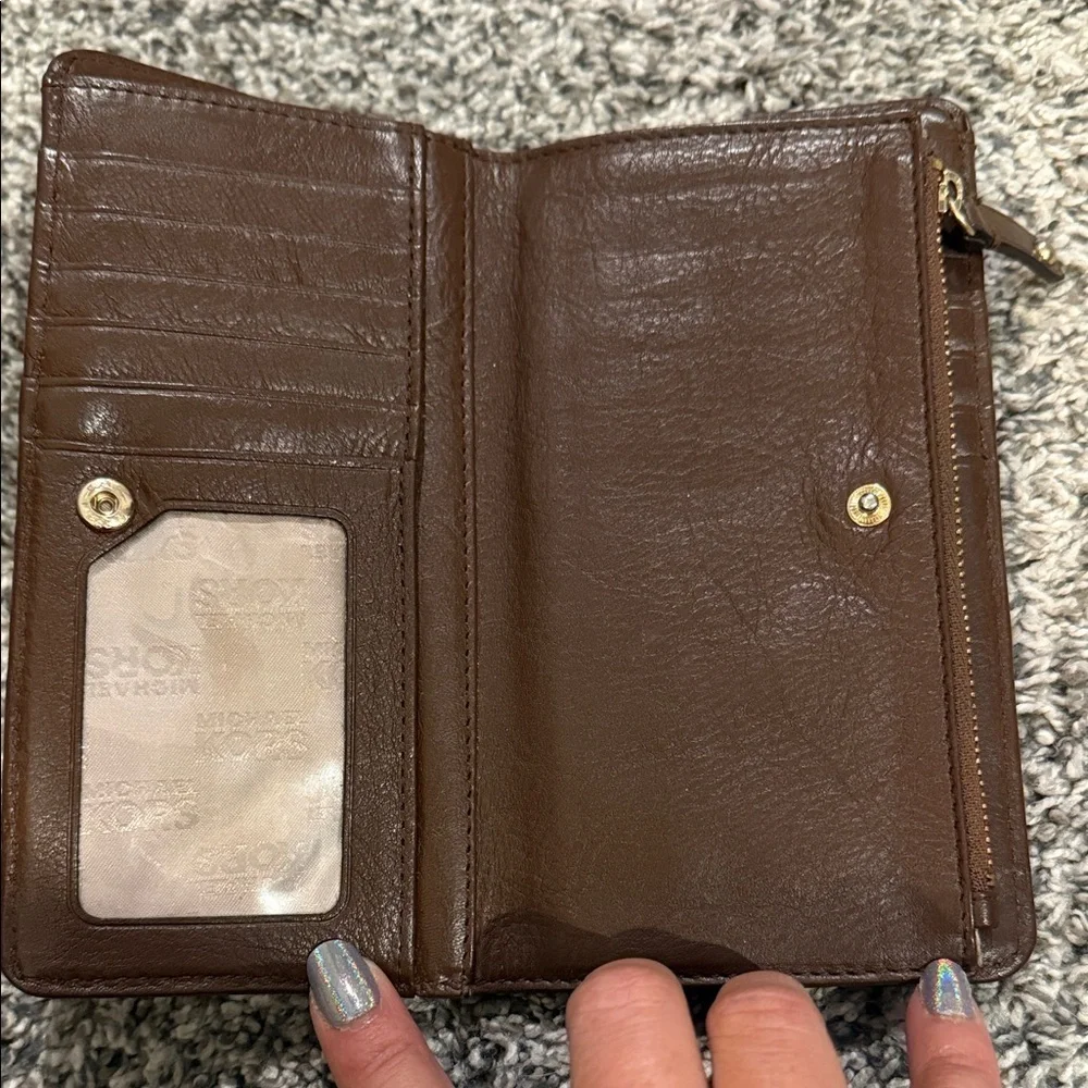 Michael Kors Monogram Brown Tan Wallet big valley studded clutch MK designer